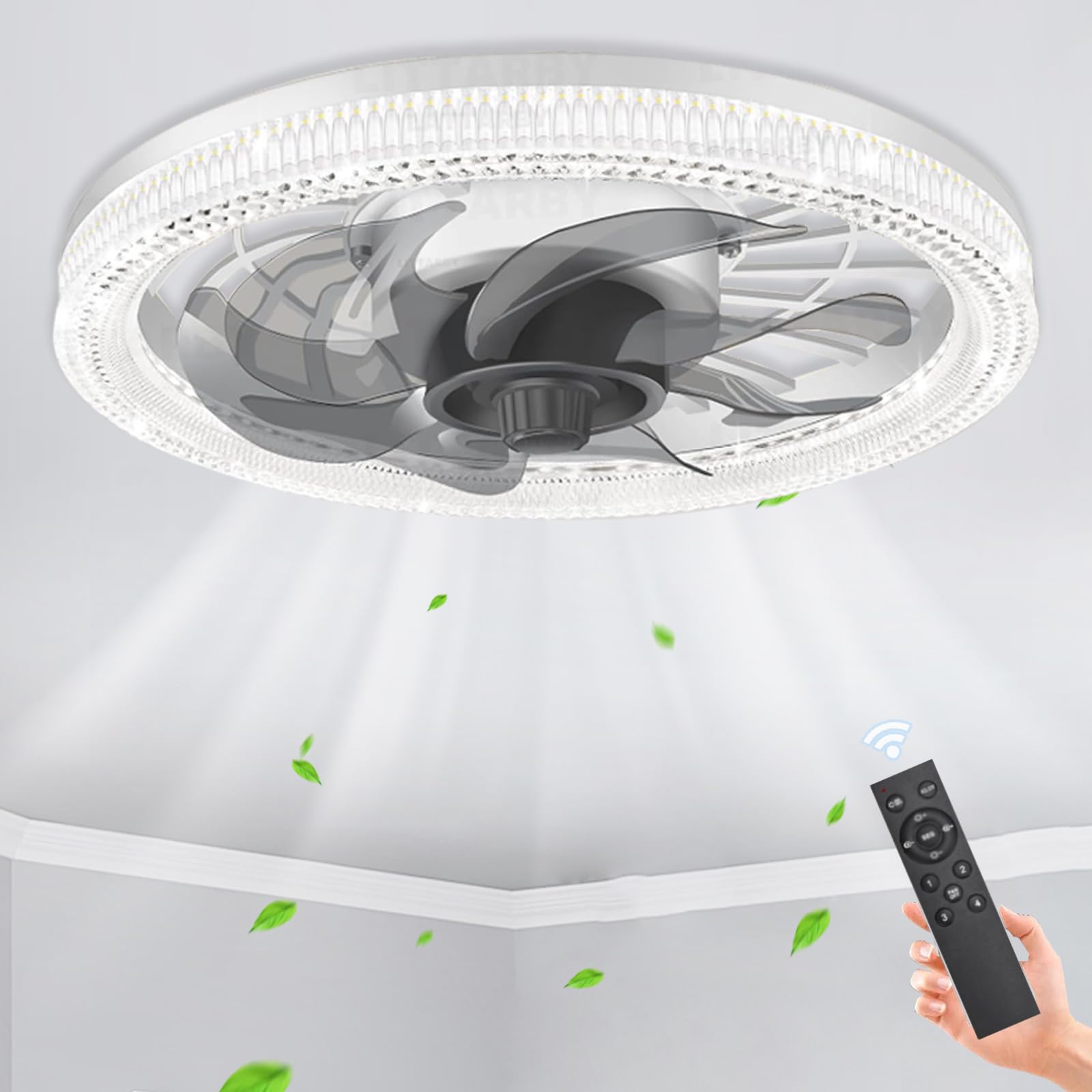 HXYSXHJUO Ceiling Fans with Lights for Bedroom,Modern E27 Lamps Remote Control White,Round Fan Light Dimmable Silent,Crystal Lampshade 4 Speeds Lounge,Kitchen