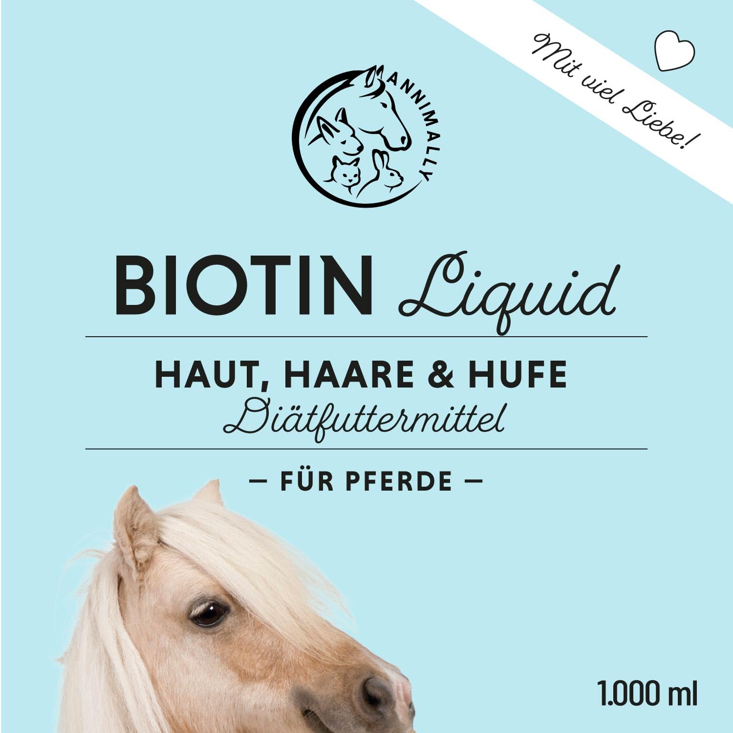 Annimally Pferd Biotin Zink Liquid 1000ml - Pflege für Haut, Haare & Hufe für Pferde - Biotin, Zink und MSM flüssig für EIN gesundes Fell - Fellpflege & Hufpflege für Pferde