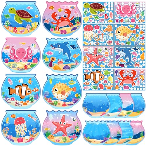 80UncleKimby 32pcs Summer Activities Crafts - Pink Under The Sea Ocean Animal Stickers Kits Bulk, Make Your Own Scene Art DIY for Party Games
