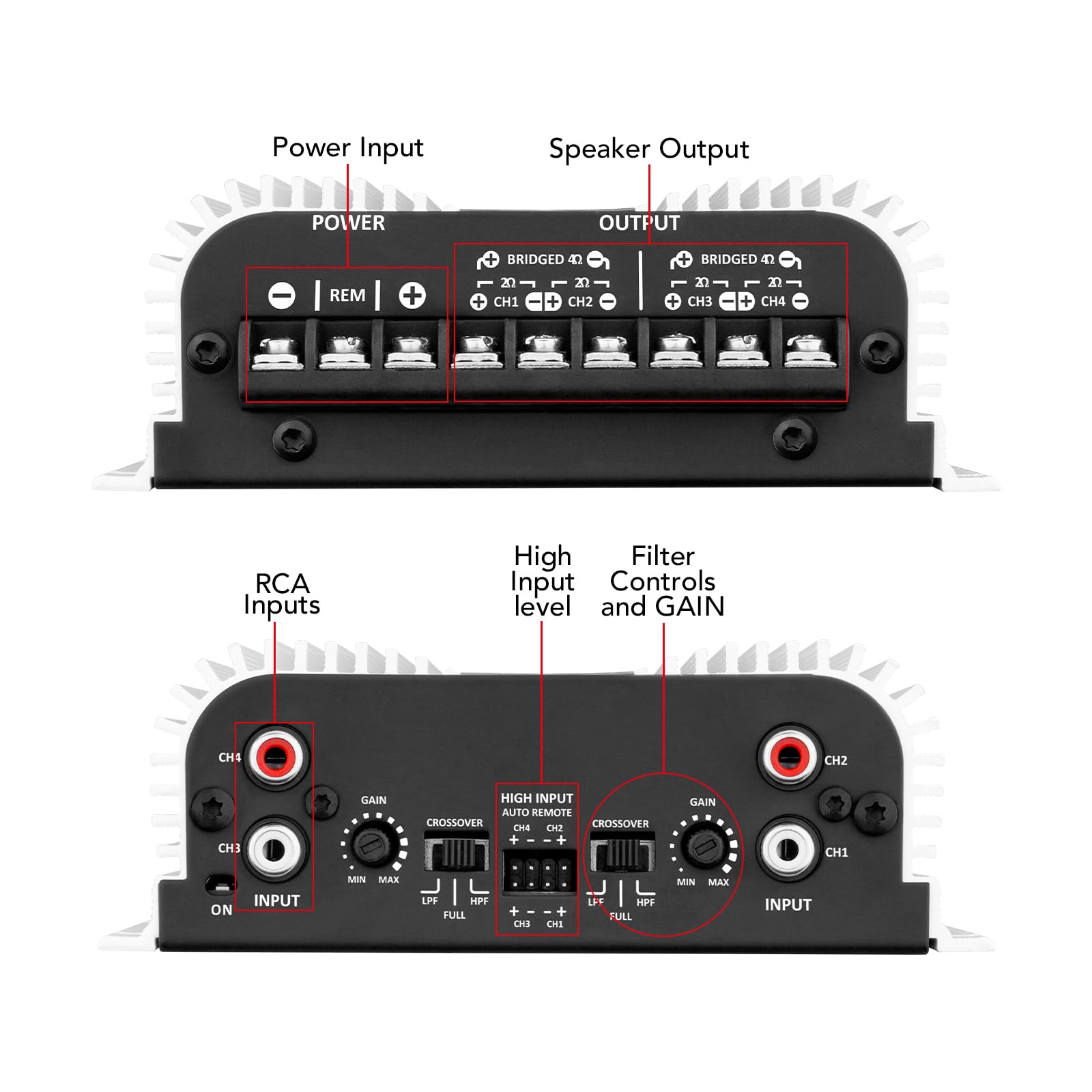 Taramps TS 400x4 con Entrada automática de Alto Nivel 400 vatios RMS, 4 Canales, Rango Completo, Amplificador de Audio para Coche, Entrada RCA, Clase D, 2 Canales Puentes, Sistema Amplificador