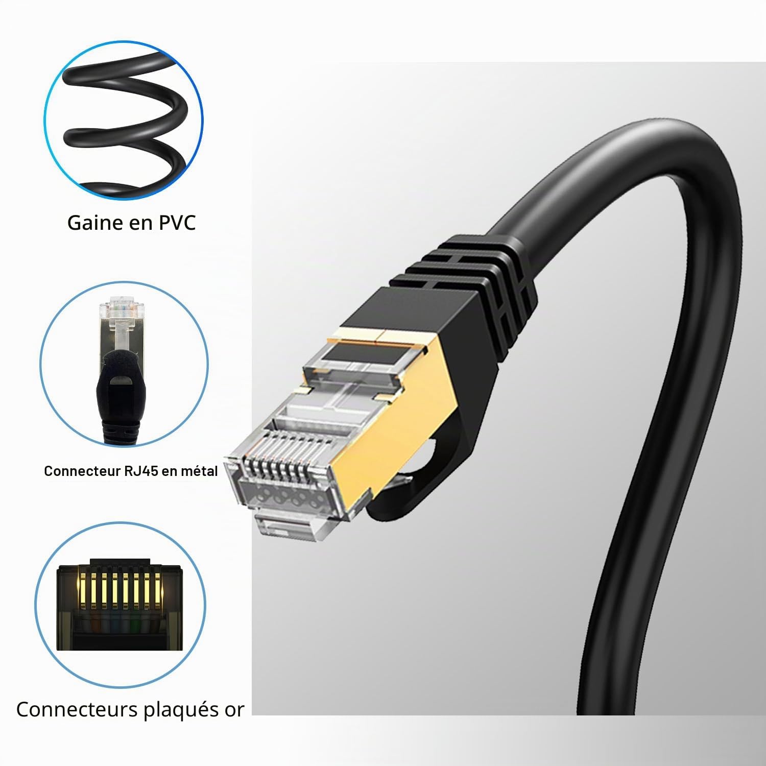 Elfcam - 50m Cat7 Câble Ethernet Rond, Diamètre Extérieur de 4,8 mm, Bande Passante de 600 MHz, Blindage U/FTP, 28 AWG, Cuivre pur, Convient pour Internet, Les PC et Les Routeurs, Noir.