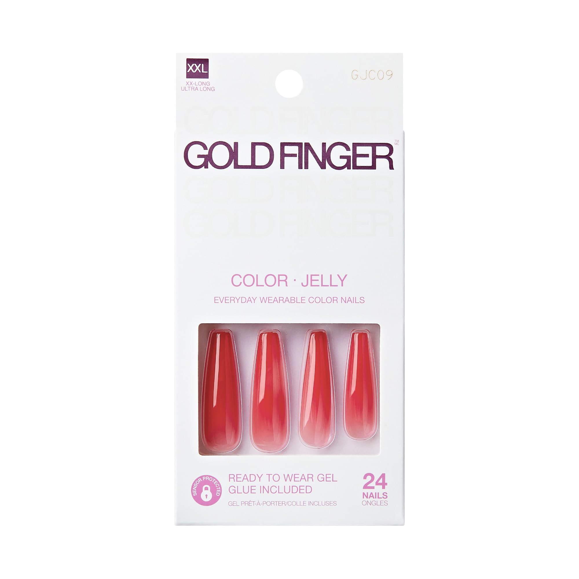 GoldFinger False Nails Kit, Jelly Color Ready to Wear Red Fake Nails, Manicure Stick and Glue Included, XX-Long Length, Coffin Shape, Long-Lasting