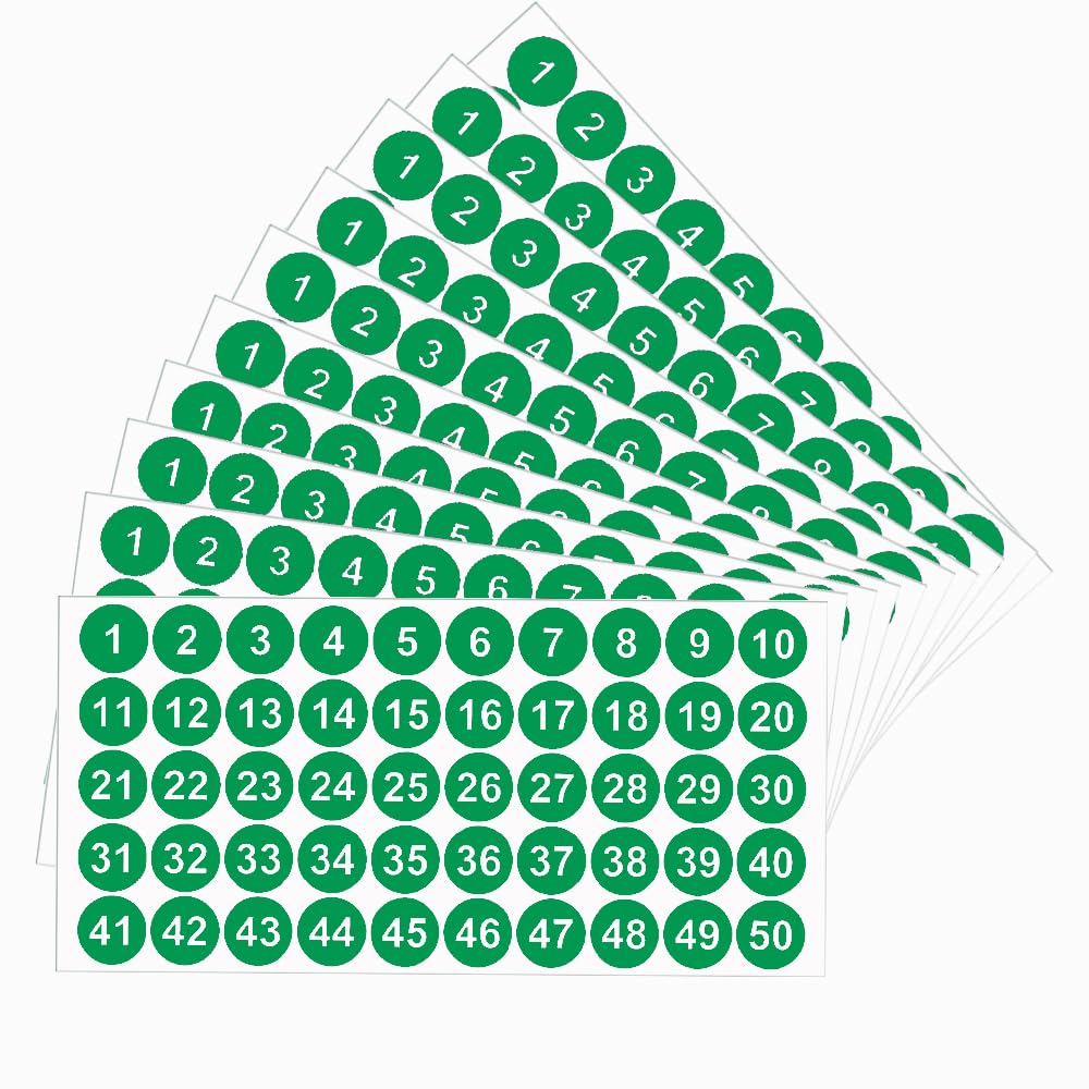 Licqic Green 10 Sheets Self Adhesive Number Stickers, 1 To 50 Sticky Round Number Labels For Sorting, Organizing, Storage Boxes, Lockers, Office&School Supplies, 1 Inch
