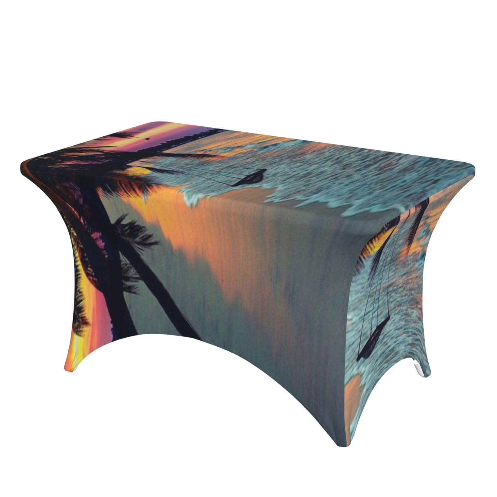 Dcehgew Coconut Beach Sunset Hammock 4Ft Spandex Rectangular Table Cloth, Printed Fitted Elastic Tablecloths Washable Table Cover For Event, Wedding, Banquet & Party