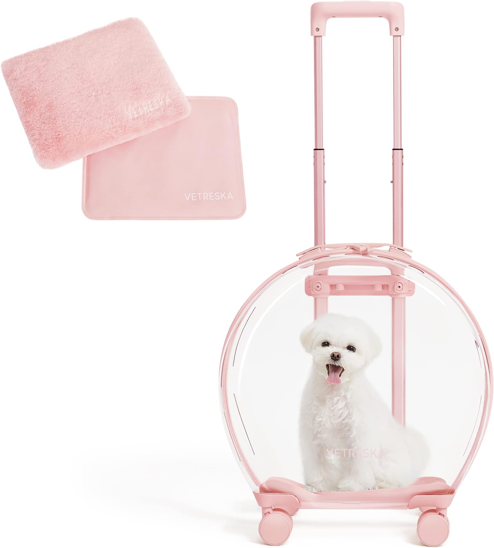 VETRESKA Pet Carrier with 2 Mats, Pink Pet Transport Luggage with Wheels and Telescopic Handle, Pet Travel Carrier for Small & Medium Dogs/Cats