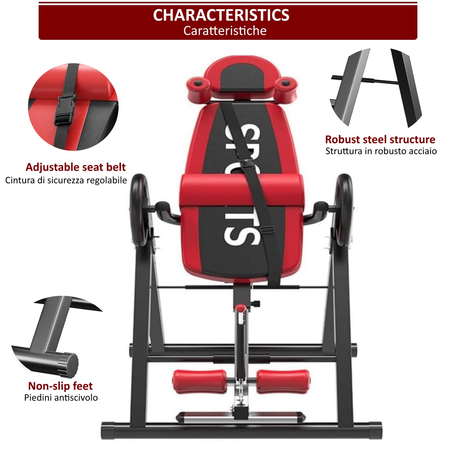 Banc à inversion résistant avec appui-tête machine inversée gravitationnelle avec hauteur réglable 4 angles d'inversion, Rouge et noir