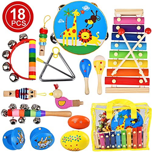 kingdous Toddler Kids Musical Instruments Sets Toys, Baby Musical Toys Wooden Percussion Instruments, Preschool Educational Wood Toys with Storage Bag for Kids Babies Children Boys and Girls