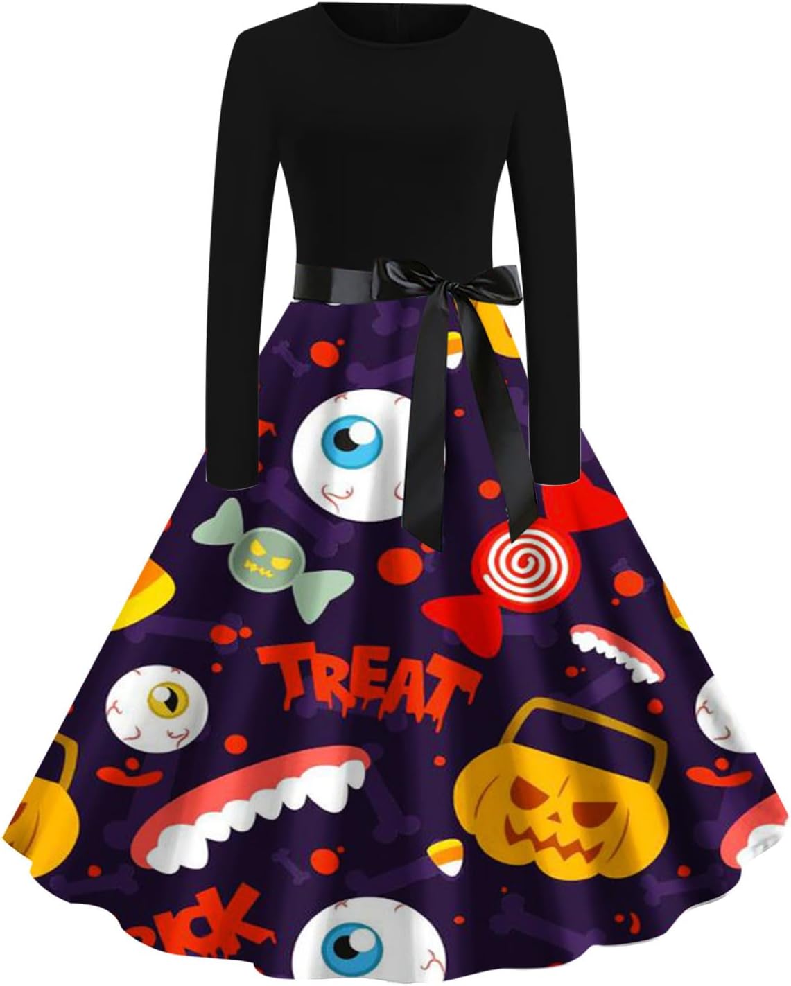 Womens Halloween Long Sleeve Swing Dress,Halloween Dresses Cocktail Dress,Pumpkin Print Cosplay Party Costume