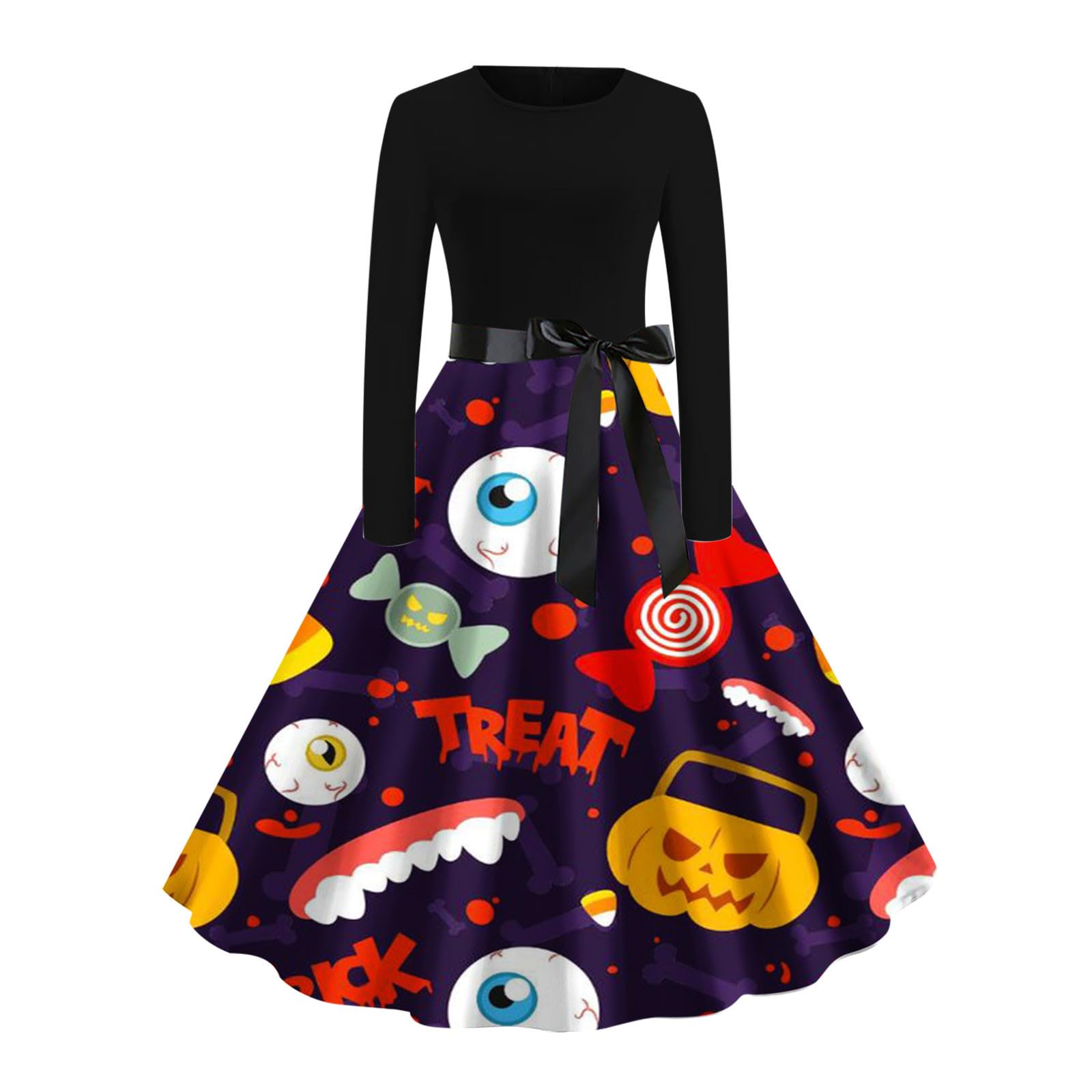 Womens Halloween Long Sleeve Swing Dress,Halloween Dresses Cocktail Dress,Pumpkin Print Cosplay Party Costume
