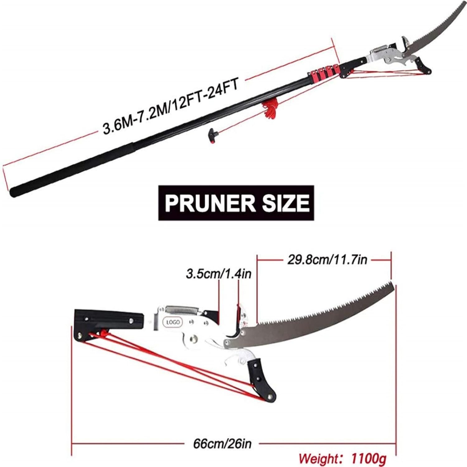 Tree Pruner Extendable 4 Sections,7.2M/24FT Profession Telescopic Tree Pruner, with SK5 Cutting Blade Pole Saw Lopper Long Reach Pole