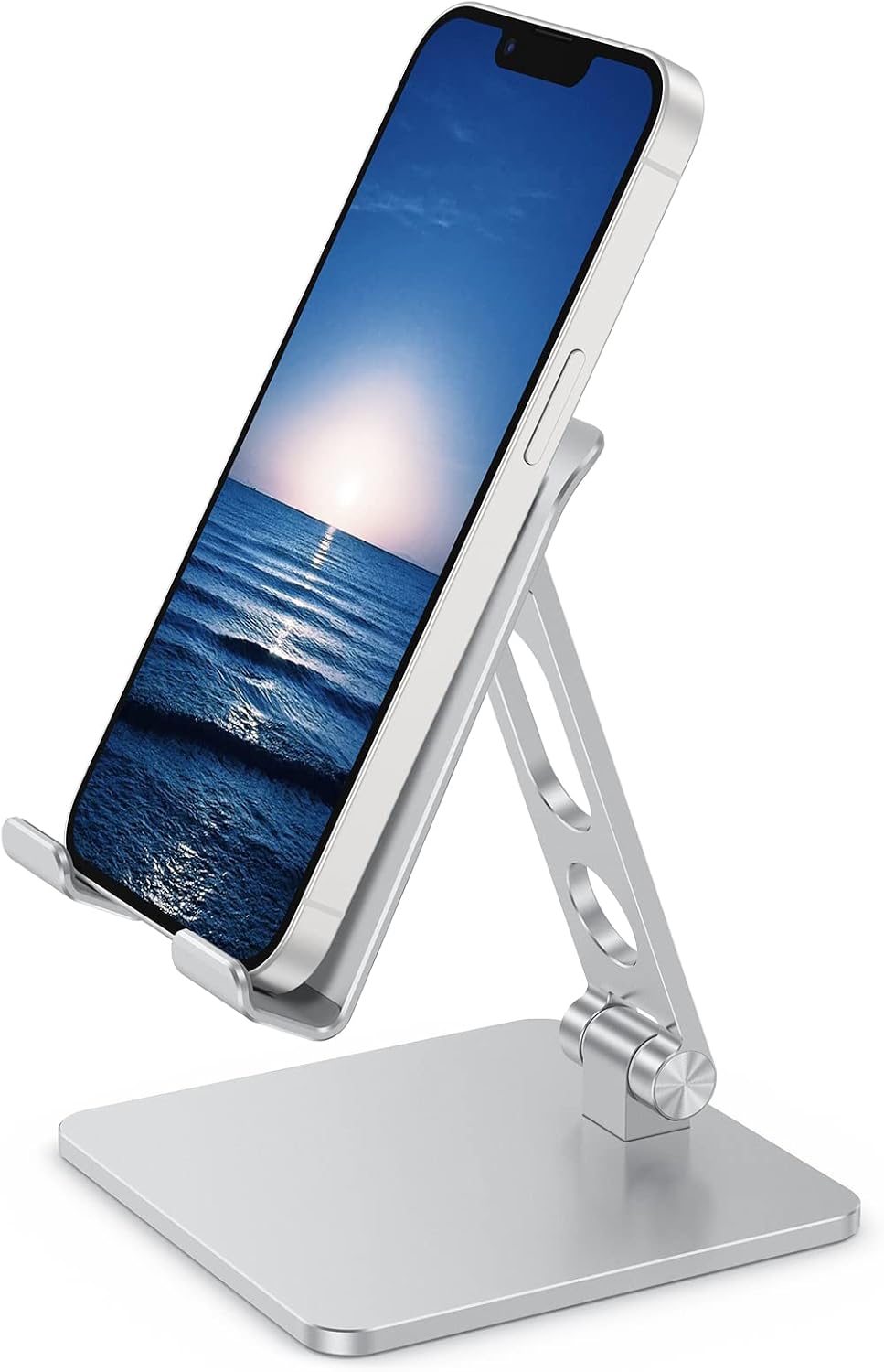 apiker Phone Stand for Desk, Foldable Adjustable Aluminum Desktop Cell Phone Holder Dock Cradle Compatible with iPhone 13/12/11/ Pro Max/SE/XR/XS and All Smart Phones, Tablets(up to 11”), Silver