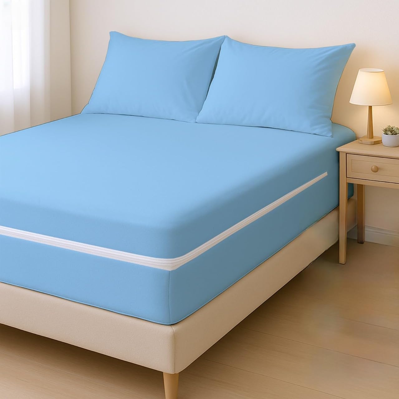 Twin 1 PC Zipper Fitted Sheet, Brushed Premium Quality Microfiber, Soft Shrinkage and Fade Resistant Bottom Sheet fits Upto 16 Inch Deep Pocket,