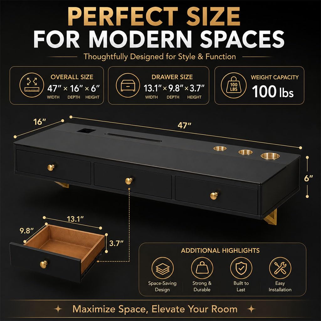 47 Wall-Mounted Floating Vanity Table Floating Shelf with Drawers & Storage Holes Multi-Purpose Makeup Station Hairdressing Desk or Study Table with Glass TopBlack product thumbnail 8