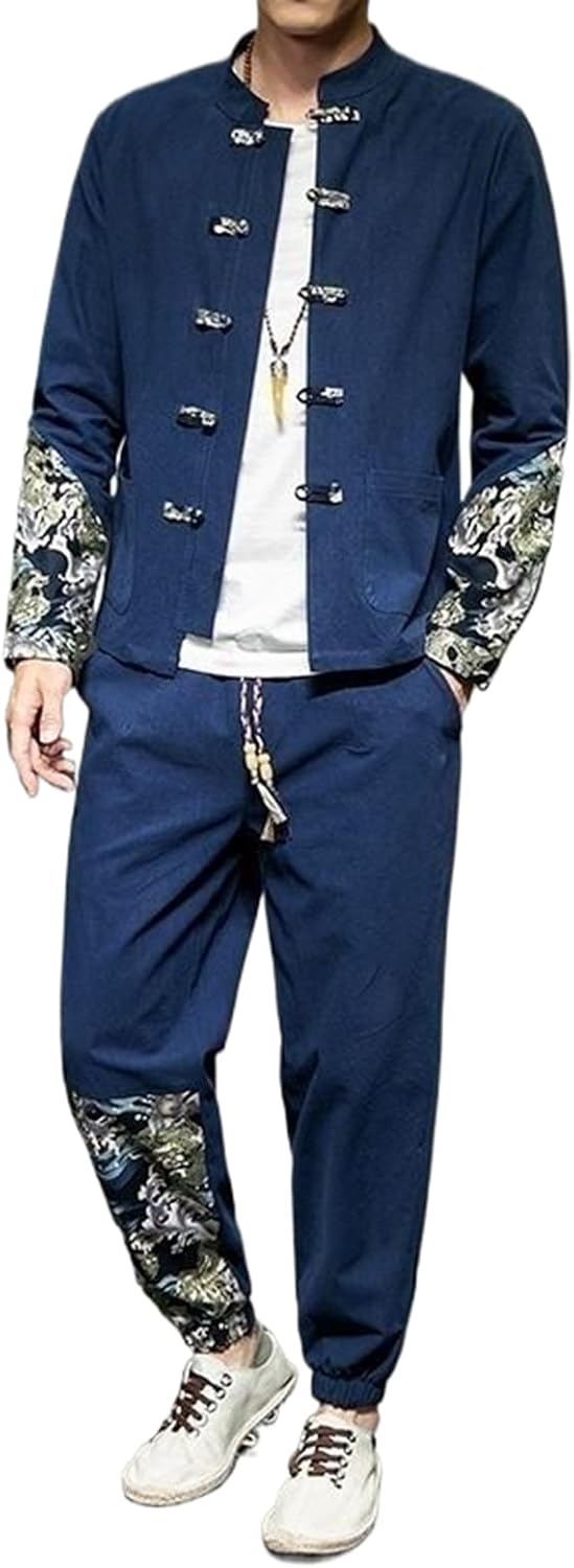 Men's 2-Piece Casual Tang Suit Frog Button Mandarin Outfit