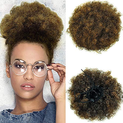 2 Pieces Afro Puff Drawstring Ponytail Synthetic Short Curly Hair Afro Bun Extension Afro Chignon Hairpieces Wig Updo Hair Extensions (Brown-1BT27#)