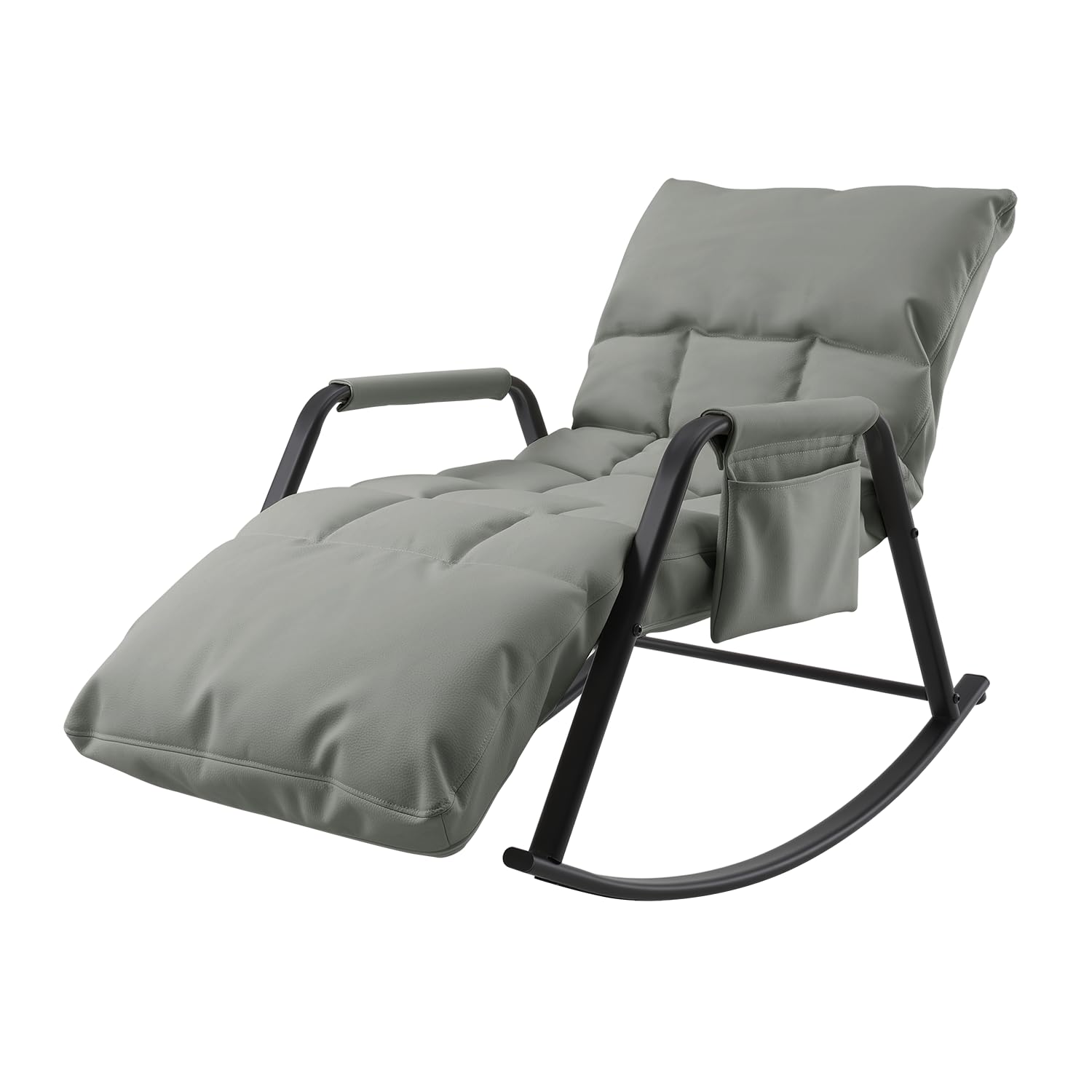 Schaukelstuhl Schaukelsessel mit PU-Leder,160°Neigung 5-Fach Verstellbare Rückenlehne,Ergonomischer Relaxsessel mit Metallgestell für Wohnzimmer Schlafzimmer,Grau