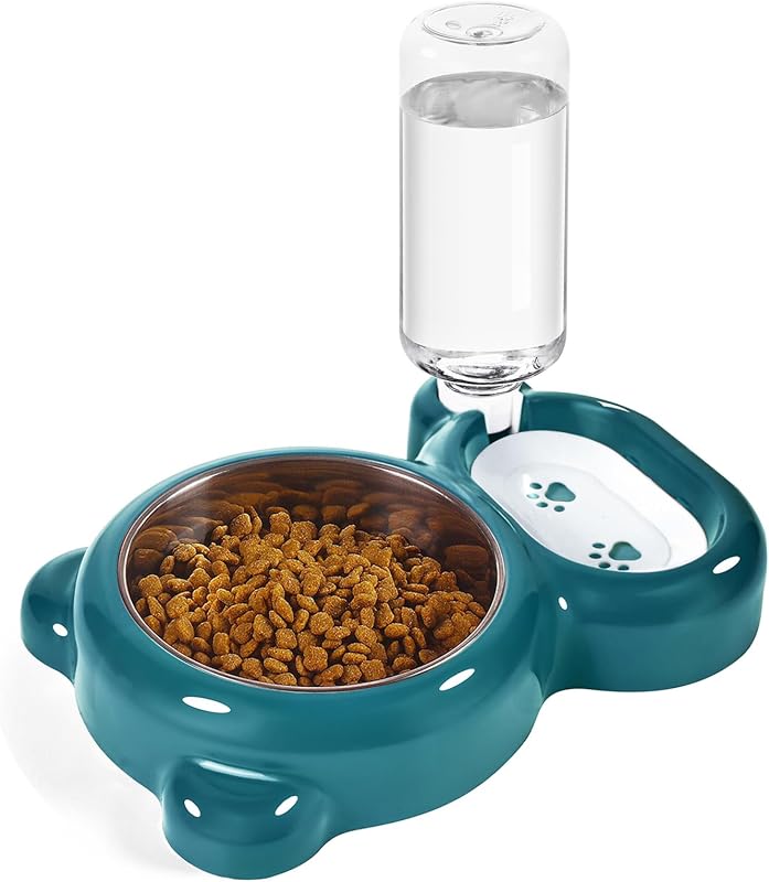 Comedouro e Bebedouro para Gatos e Cães Pequenos com Dispenser de Água e Tigela de Aço Inoxidável Azwraith Verde-Escuro
