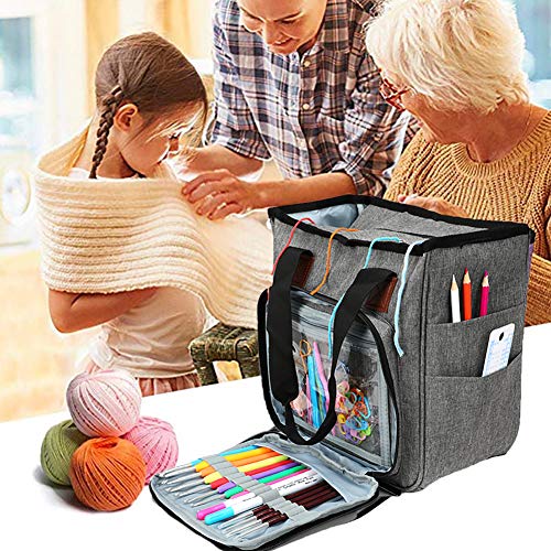 Looen Yarn Knitting Storage Tote-Large Capacity Crochet Organizer Portable Travel Bag with Shoulder Strap Crochet Hooks Case for Unfinished Bulk Project - Thumbnail 6
