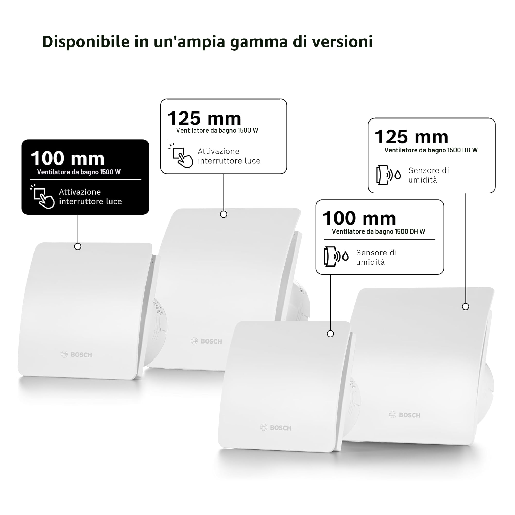 Bosch Aspiratore da bagno 1500 DH 100mm - Per la ventilazione in bagno e WC, contro umidità e muffa - Con umidostato e timer - 100 mm di diametro