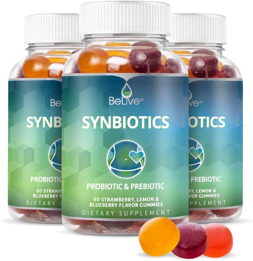 BeLive Synbiotics Prebiotics & Probiotic Gummies - Bacillus Coagulans, Chicory Root & Inulin, Dietary Fiber Supplement, Digestive Support for Kids & Adults - Strawberry, Lemon & Blueberry | 3-Pack