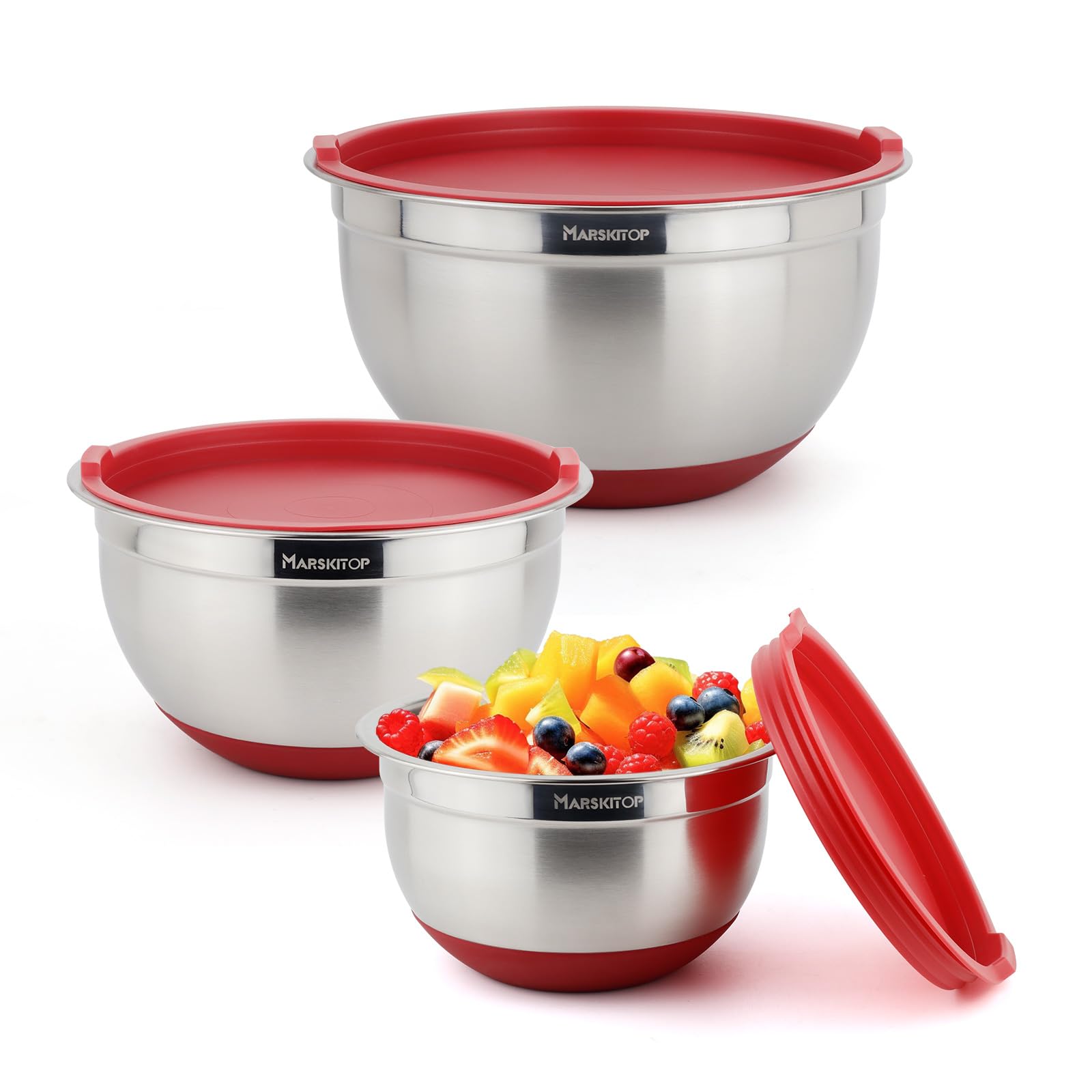 MARSKITOP Juego de 3 cuencos de acero inoxidable con tapas, cuencos anidados con tapas herméticas, marcas de medición y fondo rojo antideslizante, ideal para mezclar y servir, 1.5QT, 3QT, 5QT