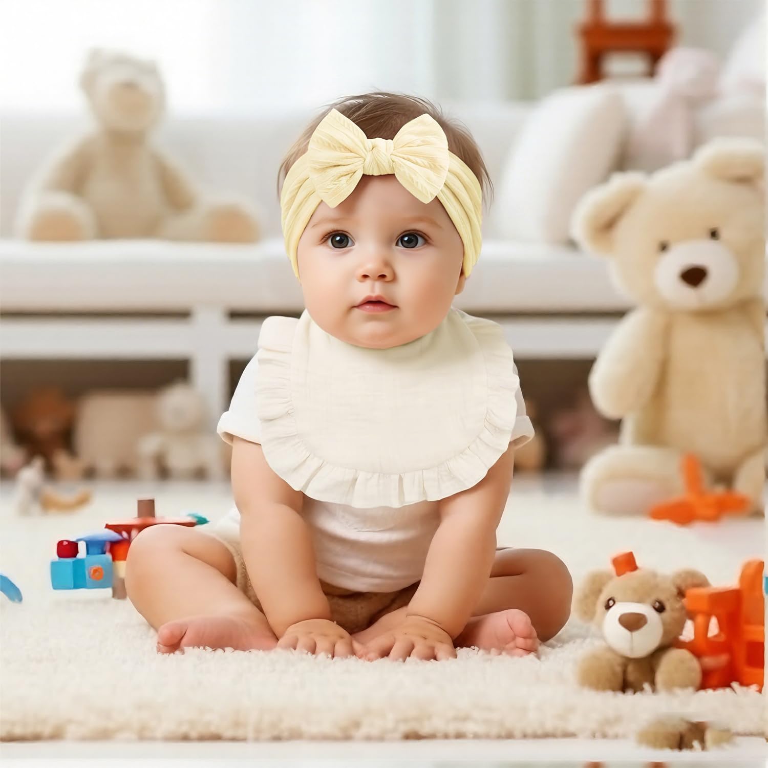 Baby Headband and Dribble Bib Set, Soft Cotton Hairband And Drool Bib for Newborns and Toddlers(Beige + Pale yellow) - Image 4