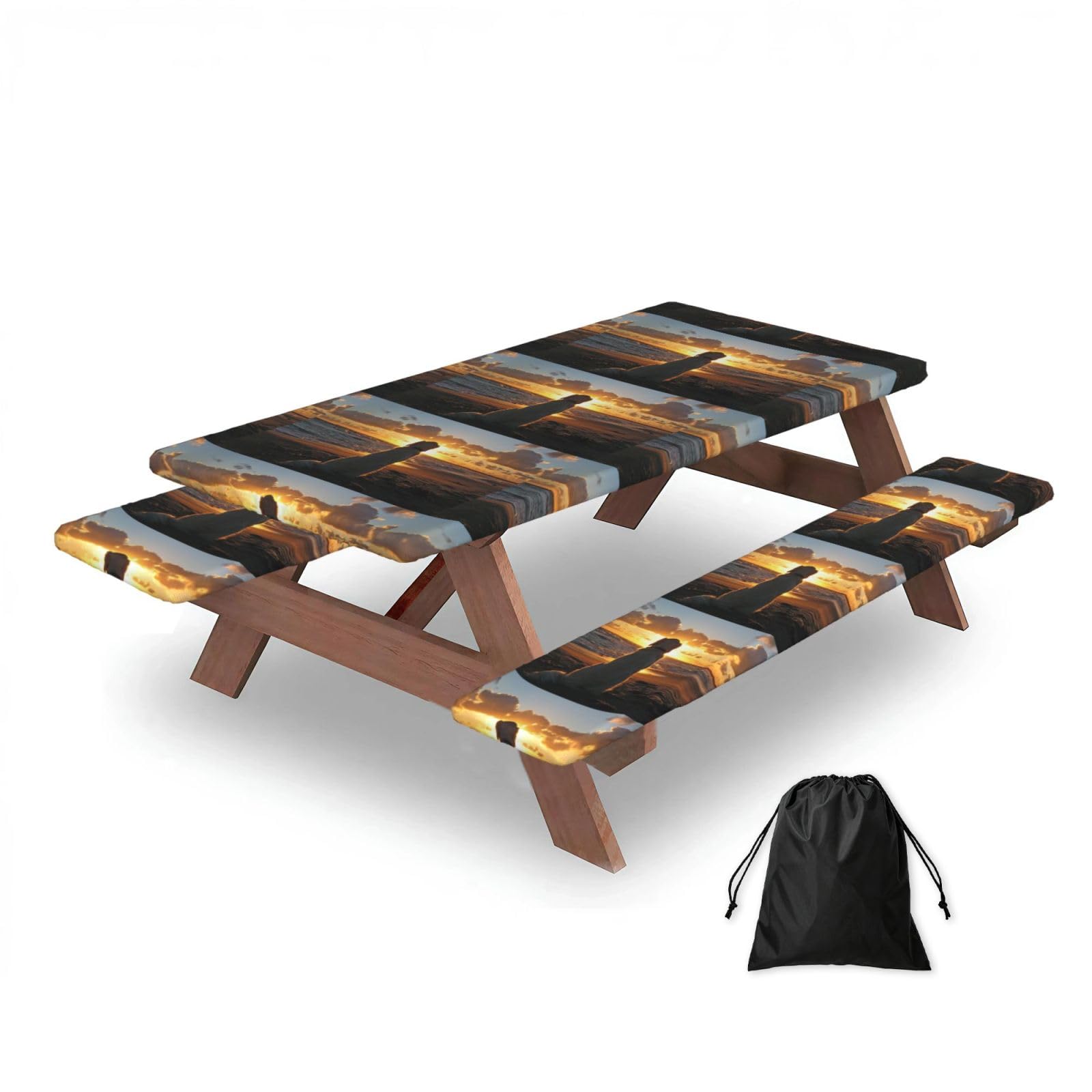 Dopklna As Picture Golden Retriever At Sunset, Picnic Table Cover With Bench Covers -Waterproof Elastic Fitted Tablecloth For Garden Camping Patio 76X152cm
