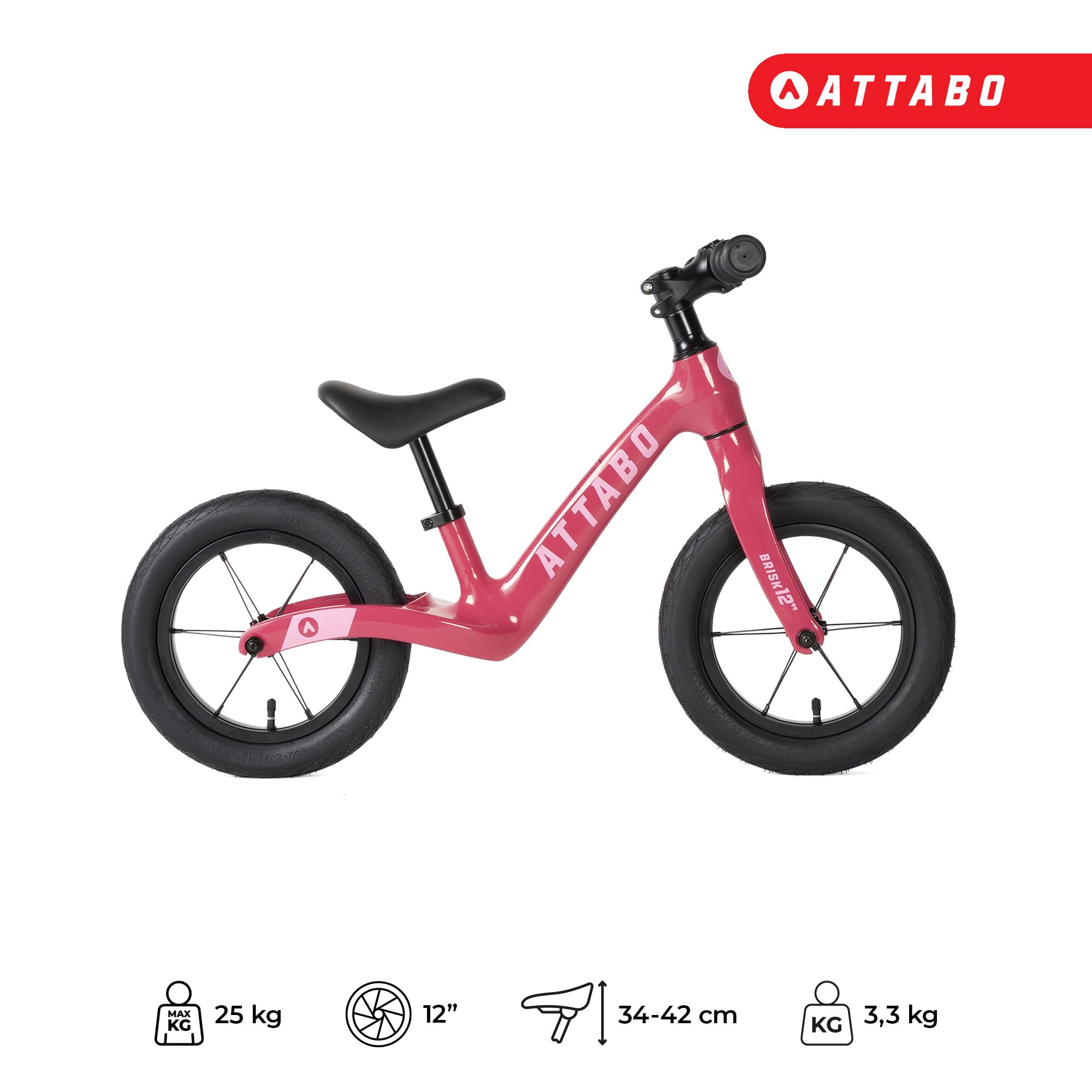 ATTABO Brisk - Bicicletta da corsa per bambini, con telaio in magnesio, 12", sella regolabile, peso leggero, 3,3 kg, per bambini, pedane sagomate, maggiore sicurezza, peso massimo fino a 25 kg