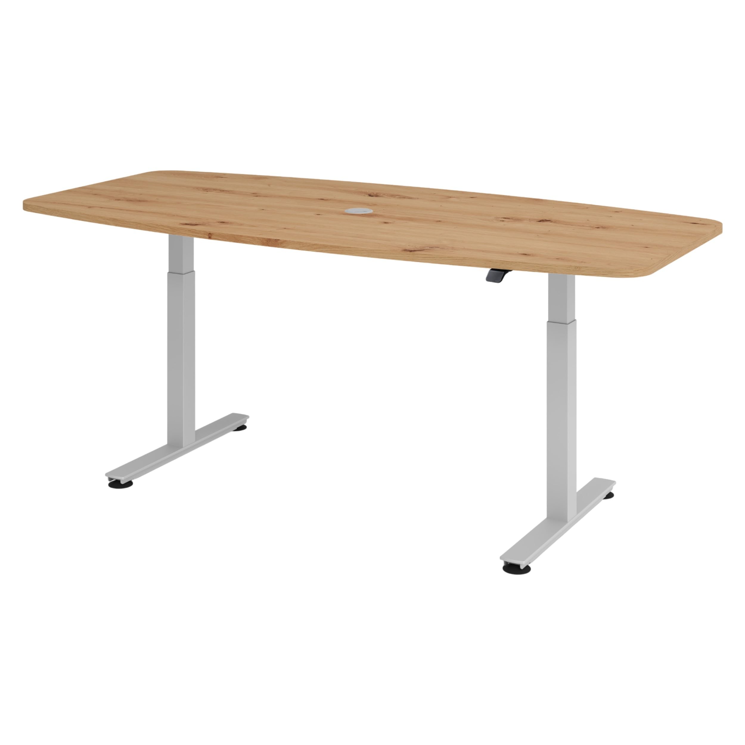 bümö elektrisch höhenverstellbarer Konferenztisch in Asteiche 220x103 cm, Gestell: Silber - Besprechungstisch rund-oval, großer elektrischer Meeting Tisch für Konferenz & Besprechungsraum
