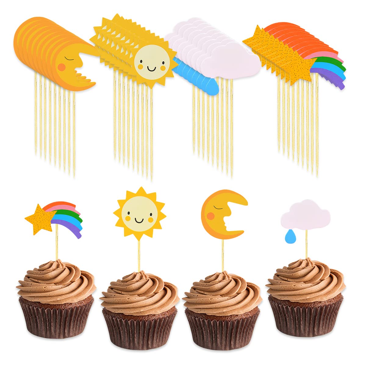 Cupcake Toppers, 36 Pcs Sun Moon Cloud Raindrop Star Picks Sky Theme Kit Cupcake Toppers for Birthday Party Baking Decoration Supplies
