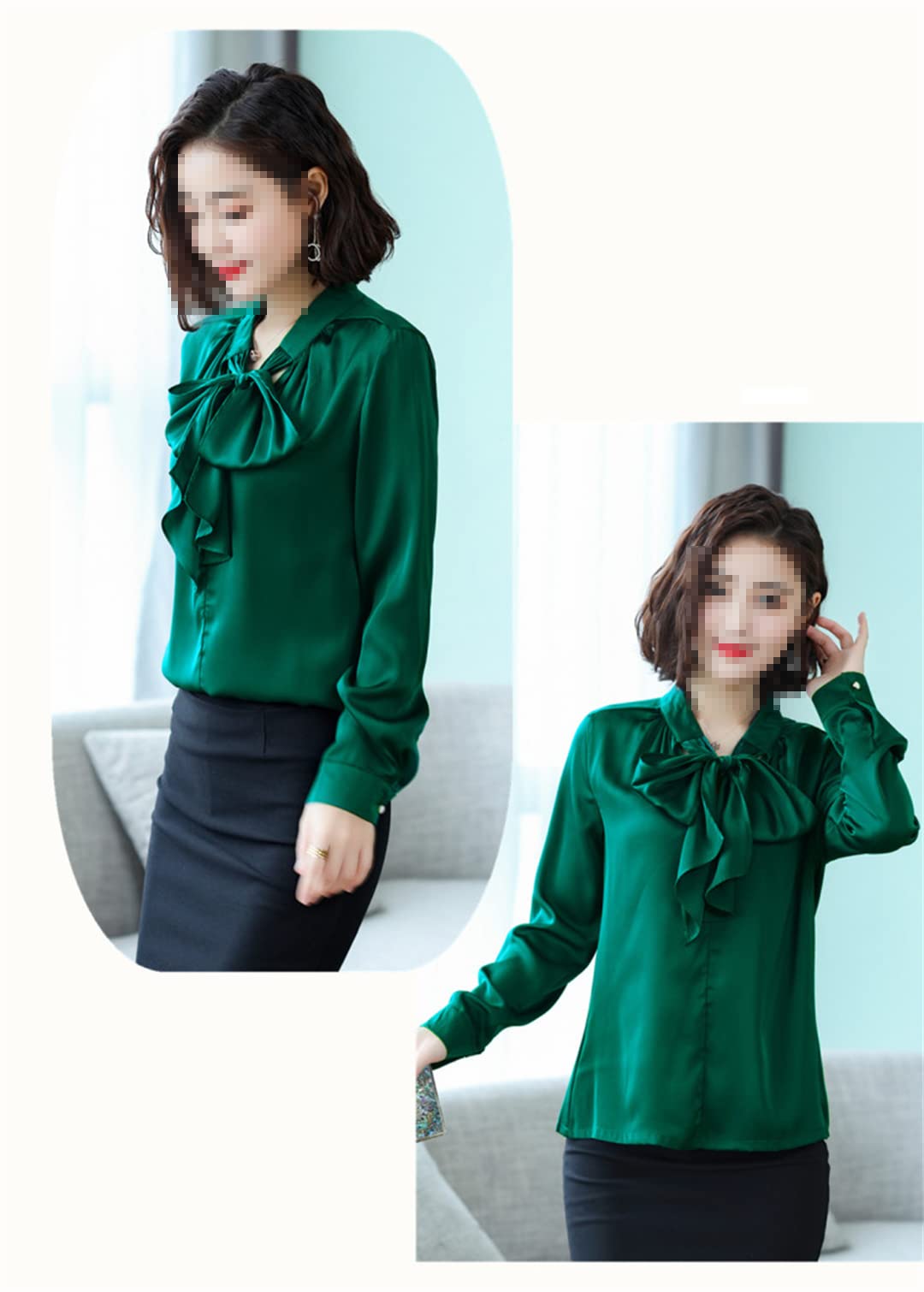 Blusas de satén de Manga Larga con Cuello en V para Mujer con Volantes de Lazo, Blusas de Seda Informales Sueltas, Camisas de Trabajo y Oficina
