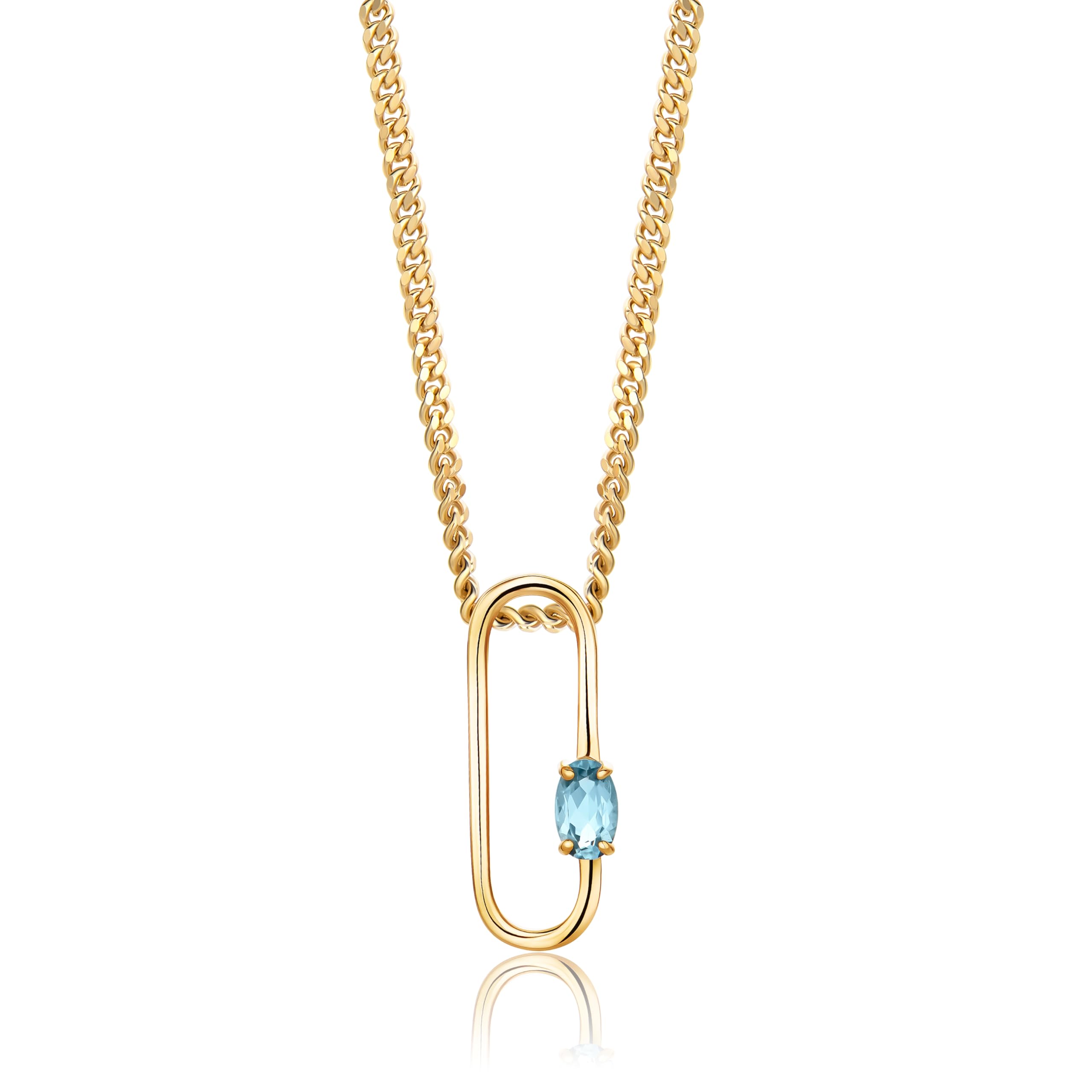 MIORE Collana Donna Argento Placcata Oro Giallo 18KT, Catenina con Ciondolo Ovale in Argento 925 anallergico e Topazio Blu Naturale. Catena Cm 45.