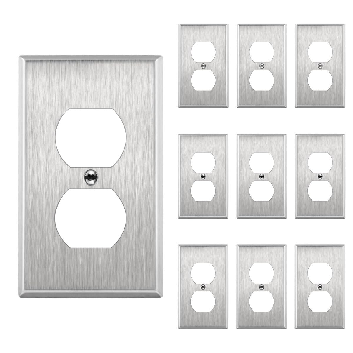 ENERLITES Duplex Receptacle Metal Wall Plate, Stainless Steel Switch Outlet Cover, Size 1-Gang 4.50" x 2.76", 7721-10PCS, 430, UL Listed, Silver (10 Pack), 10 Count