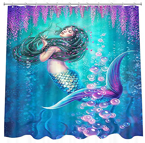 Mermaid Shower Curtain, Mermaid Girl Sea Underwater Fish Nature Ocean Sea Animals Shower Curtain Nautical Marine Life Fabric Shower Curtain For Bathroom, Washable Durable 72X72Inch Purple Teal #TOP5