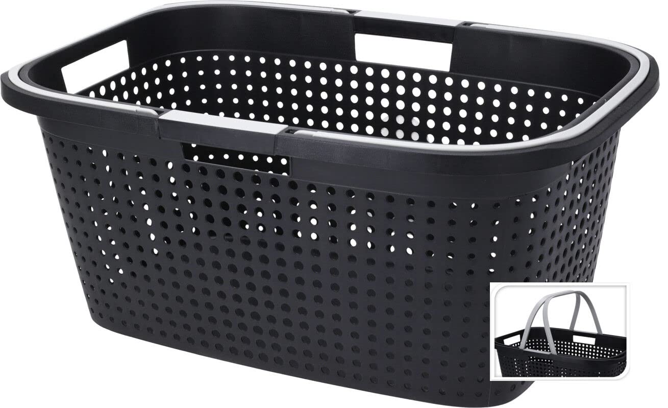Cesto portabiancheria in plastica, 60 x 39 cm, colore nero, con manici pieghevoli, cesto per la biancheria, cestino per la spesa