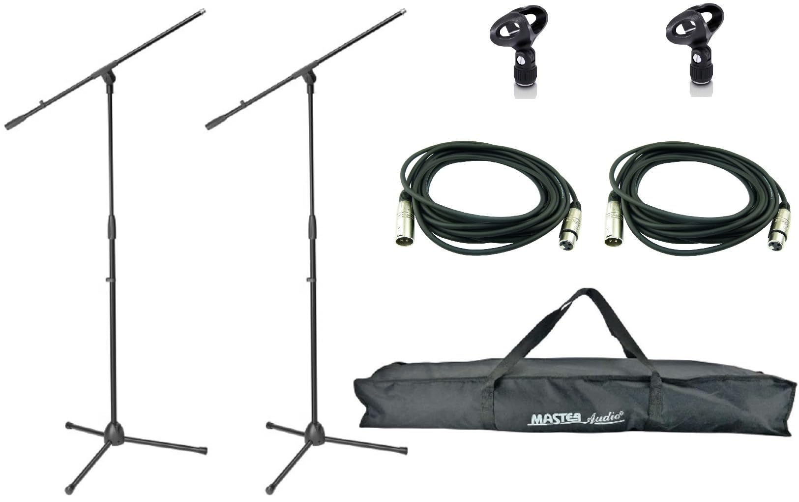 2 x ADAM HALL ECO Mikrofonständer Mikrofonstativ S5B mit Galgen/Schwenkarm, Höhe 98-162 cm, Schwarz incl. 6 m Mikrofonkabel und Mikrofonklammer + 1 x Tragetasche für 2 Stative
