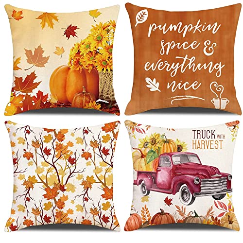 ZHAOMIMI Housse de Coussin, Lot de 4 en Coton et Lin Décoratif Taie d'oreiller Décoration pour Canapé Chambre Maison 45 x 45 cm (Automne Citrouille) Cover