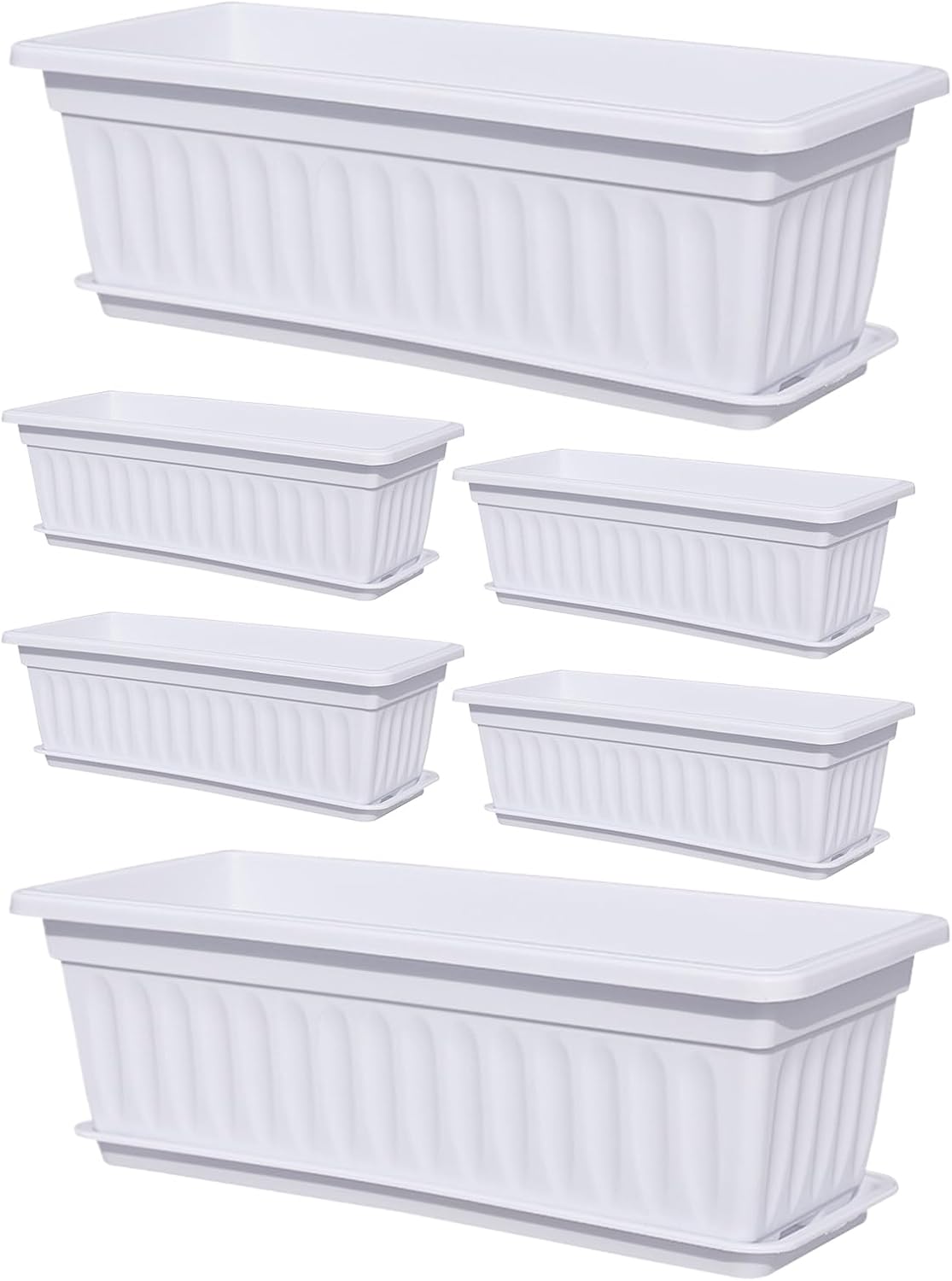 White Window Box Planter - Rectangle Planter Box | 6pcs Railing Box with Trays| Weather Resistant Container Built-in Drainage Holes Accessories for Growing Vegetables Kitchen Balcony, Porch,