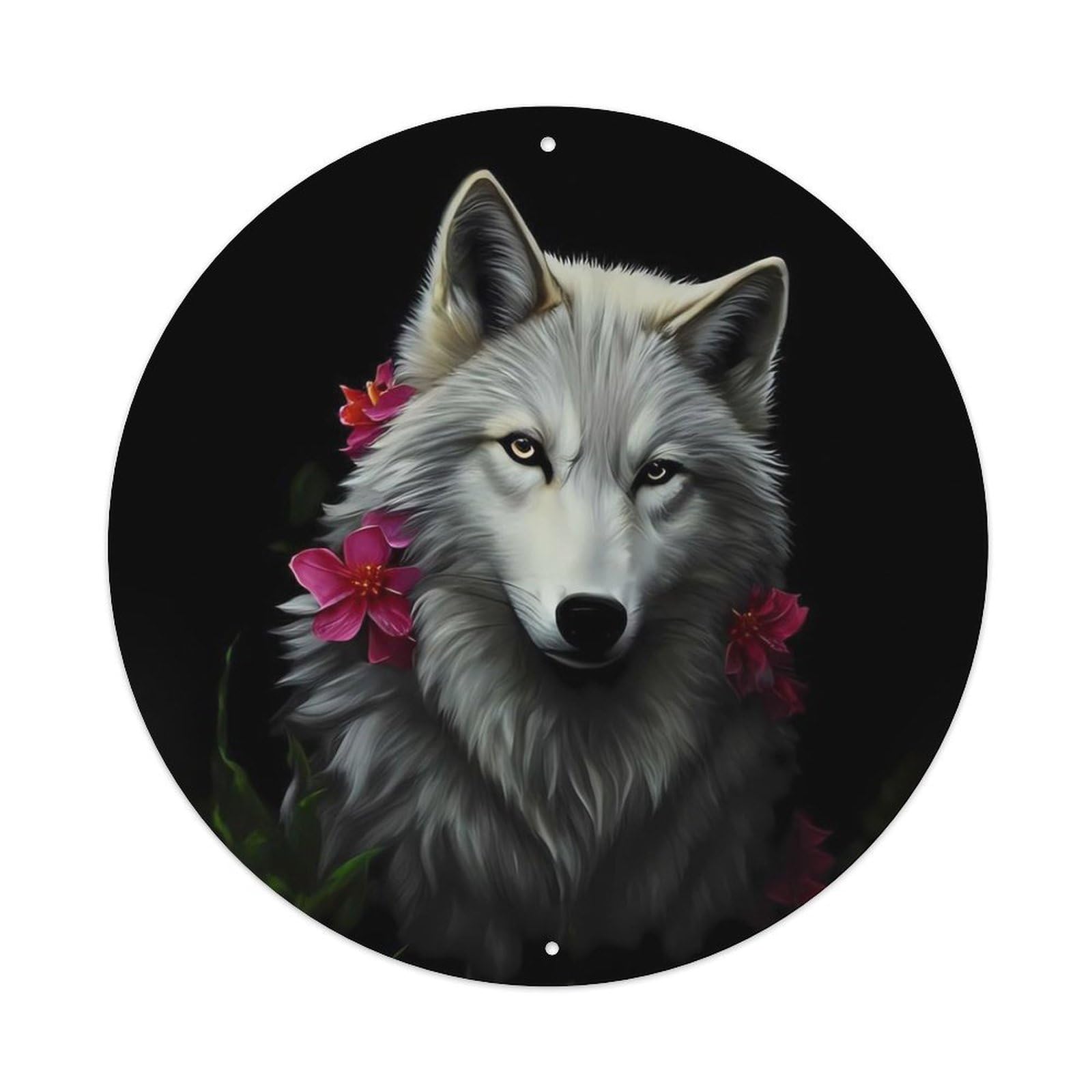 Animal Arctic Wolf with Floral Illustration Dark Aesthetic Vintage Metal Tin Sign Plaque Wall Decor for Cafe, Club Bar, Office, Garden Metal Poster 8x8Inch