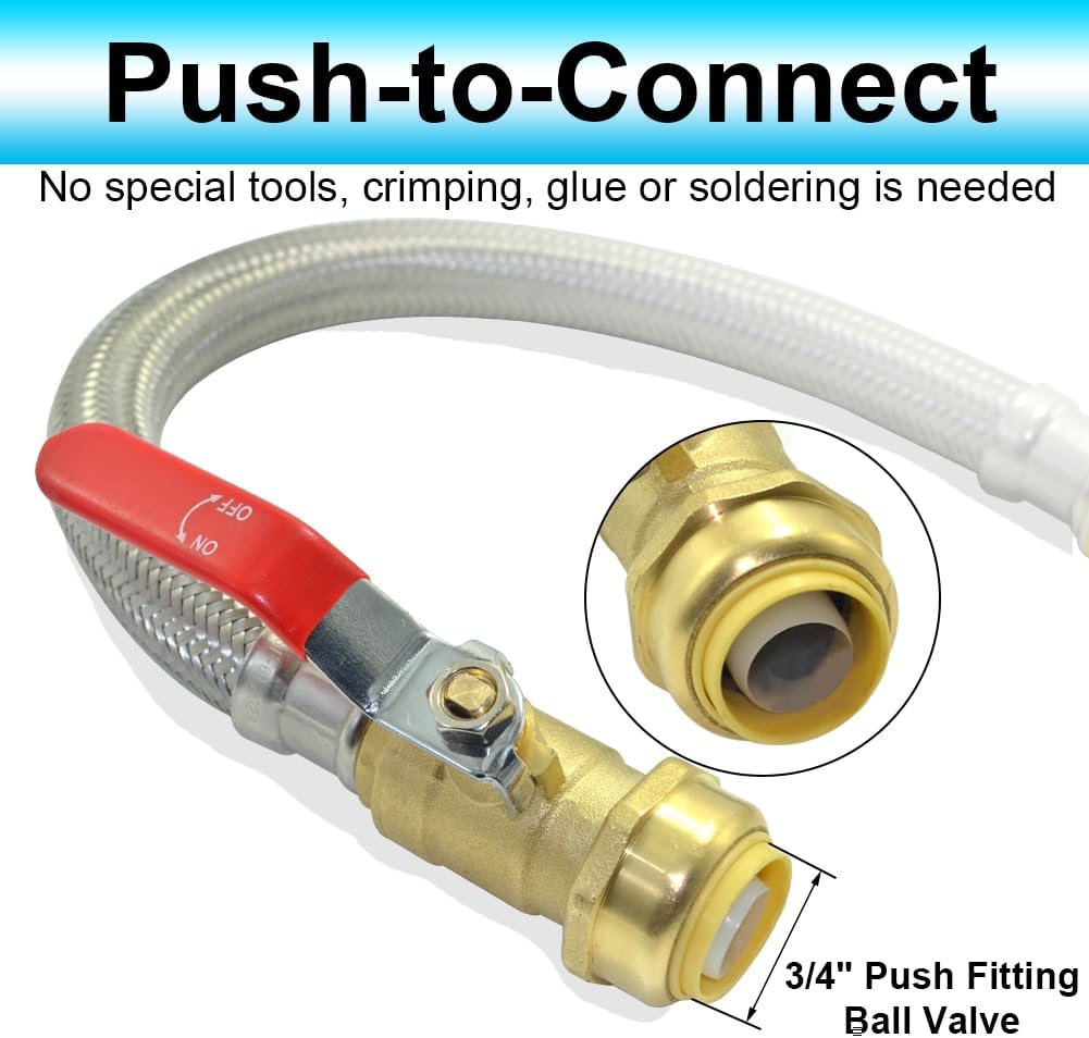 TTFLEX 24 inch Water Heater Connector Hose 3/4" Shut Off Ball Valve x 3/4" FIP, Water Heater Supply Line, Stainless Steel Braided Flex Line, Push to Connect Copper, PEX, PE-RT, CPVC Pipes