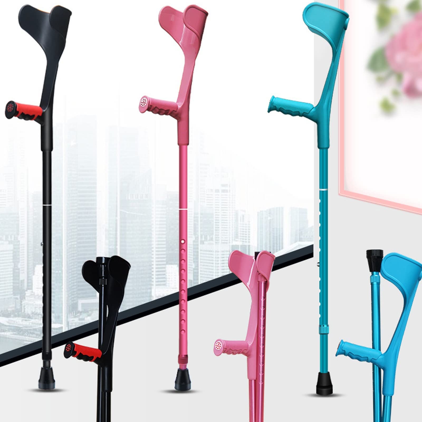 Muletas de antebrazo para adultos, ergonómicas, ajustables, resistentes, antideslizantes, con puños abiertos, muletas ligeras y plegables de aleación de aluminio, color negro, rosa y azul, 2 unidades