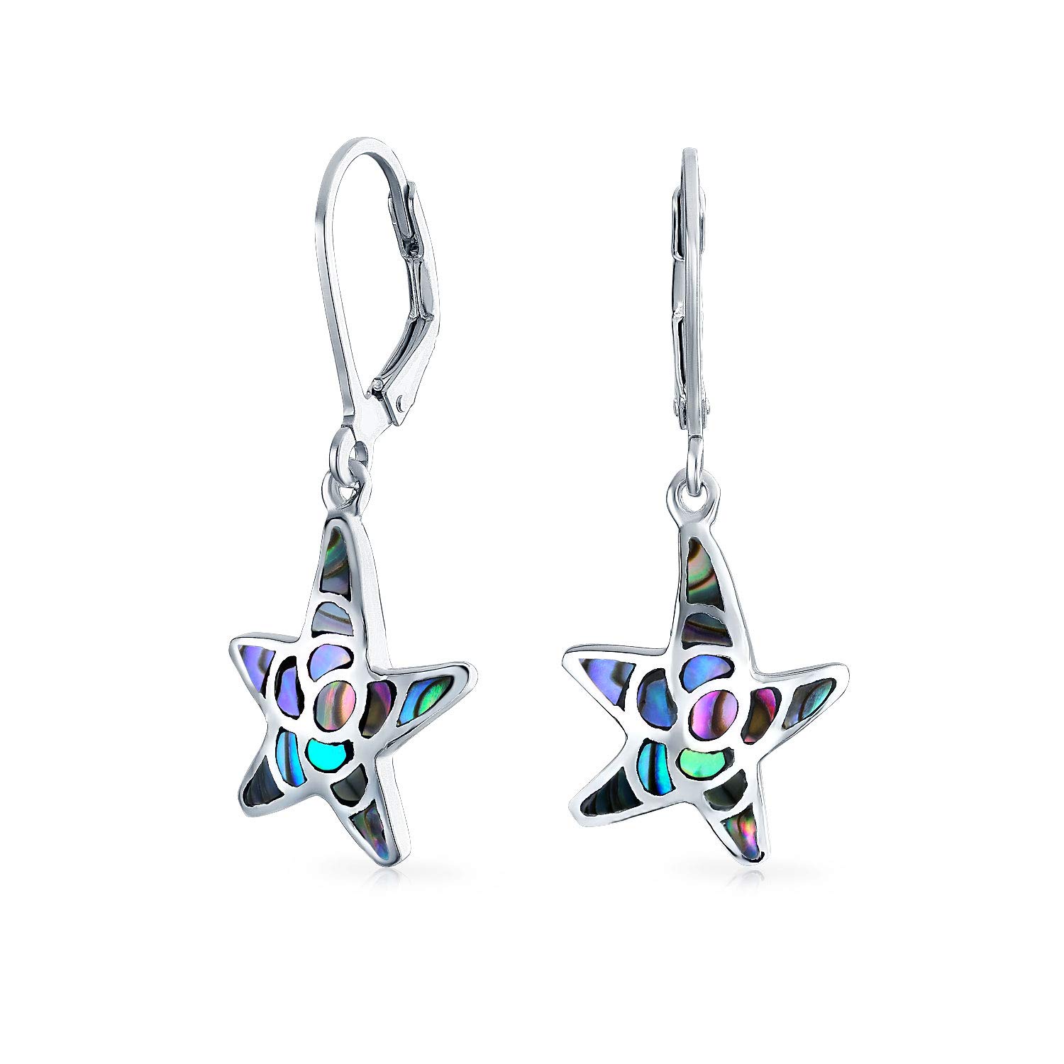 Pendientes de estrella de mar colgantes con incrustaciones de concha de abulón iridiscente para luna de miel de vacaciones náuticas en la playa para mujeres adolescentes .925 de plata de ley con