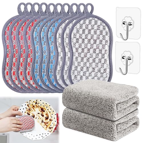 14PCS Reusable Sponge Set including 2 dish washing cloths and 2 hooksDurable Scrub Scouring Sponge,Non-Scratch Microfiber Sponge for Dishes,Pots,Pans