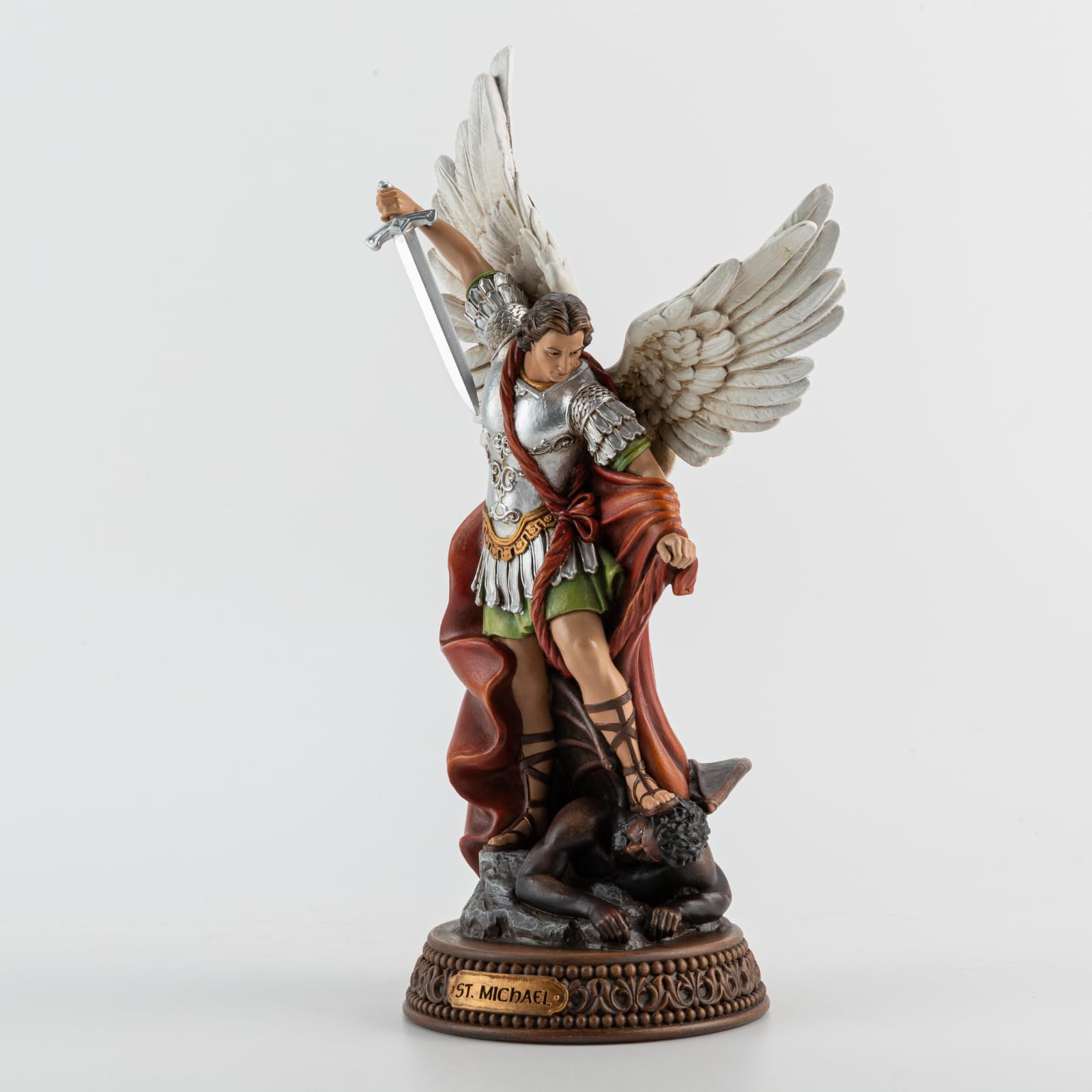 St Michael The Archangel Painted in Full Color,12" H San Miguel The Great Protector Archangel Statue with Wings,St. Archangel Michael Defecting with Satan on Base with Name Plate