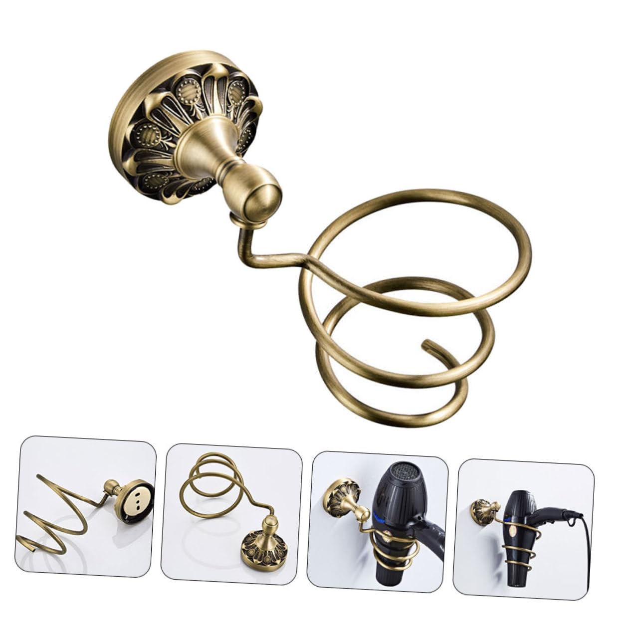 Soporte para Secador de Pelo de Pared, Cobre Dorado, Diseño Espiral, Almacenamiento Colgante, Adecuado para Baño