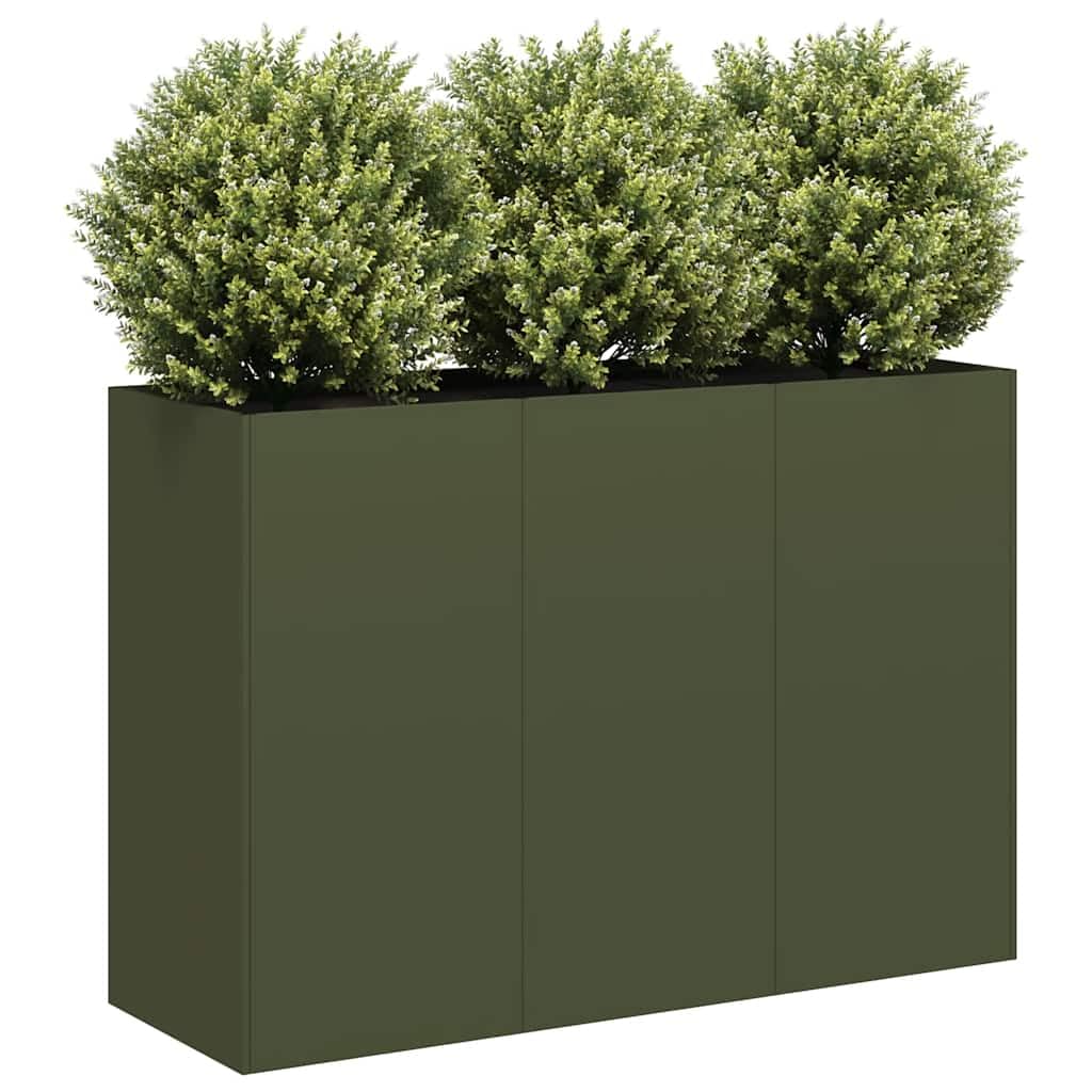 Oliwkowa donica na rośliny ze stali walcowanej na zimno, 120 x 40 x 80 cm, duża podwyższona grządka z otwartym dnem, do ogrodu, na balkon, taras, warzywa, zioła, kwiaty