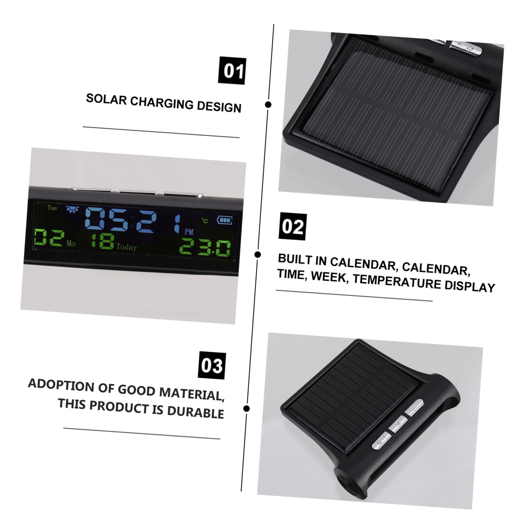 Mobestech 3piezas Reloj Digital Solar Para Coche Calendario y Pantalla Led Monitor De Temperatura y Presión De Neumáticos Compacto y Portátil Para Uso Interior y Exterior
