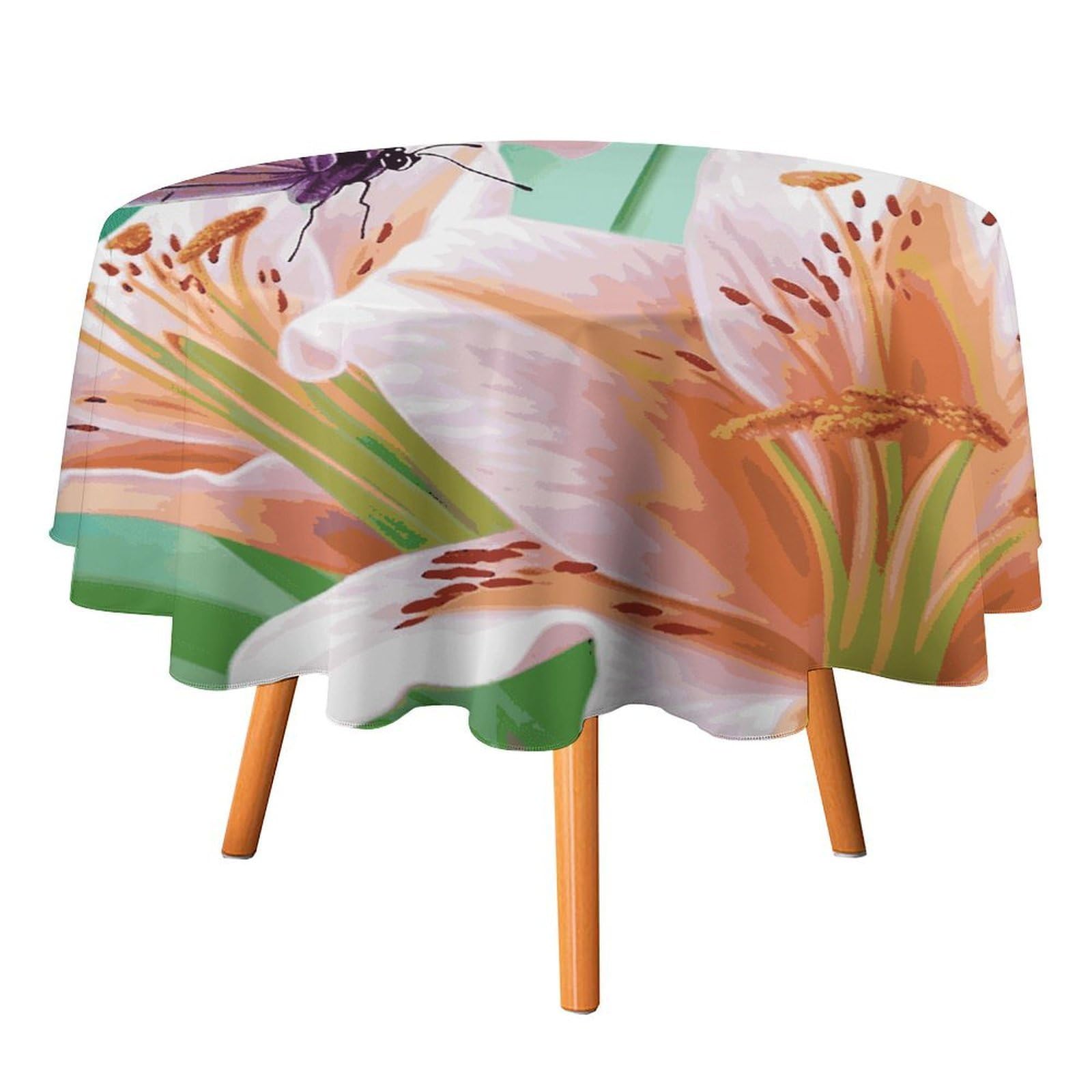 Fekiloot Style Lilies And Butterfly Round Tablecloth - Heavy Duty And Washable,Polyester Decorative Fabric Table Cover,Tablecloths For Kitchen Dining, Wedding, Birthday Party60x60in