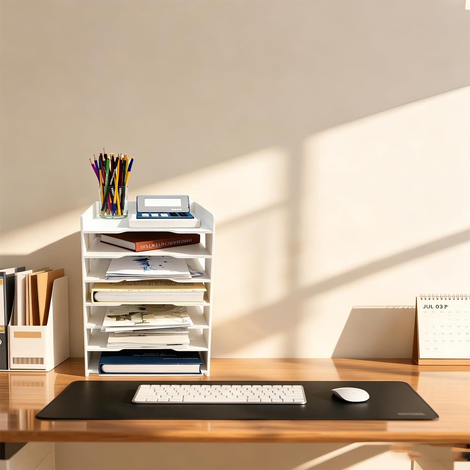 Briefablage mit 7 Ebenen, Büro-Ablage, Briefablage aus Holz, 4 Papierablagen, Dokumentenregal mit Stifthalter für Zuhause, Büro, Schule, Klassenzimmer (weiß)