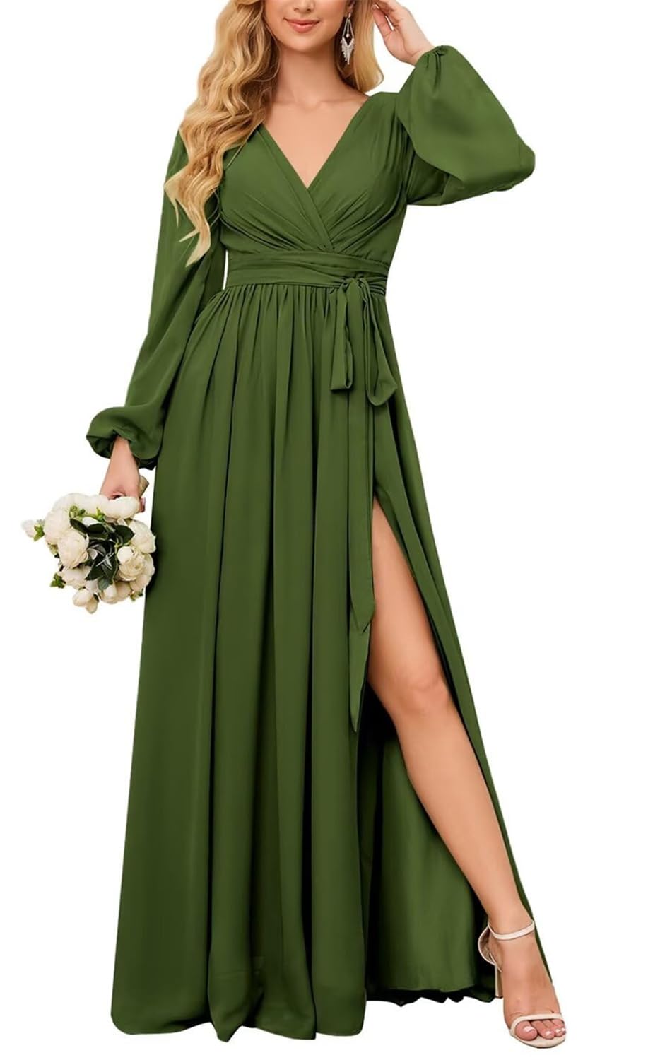 Hppee Women's Olive Green Long Sleeve Bridesmaid Dresses For Pleated Chiffon Plus Size Formal Dress With Slit Maid Of Honor Uk22
